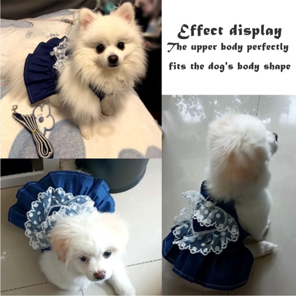 Dog Dress Harness with Leash Set, Lace Love Denim Pet Dresses, Puppy (Dark Blue) - Picture 6 of 8